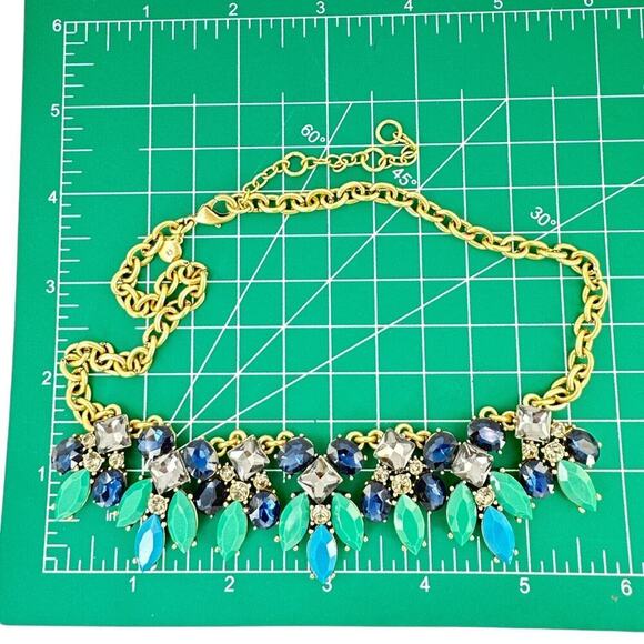RARE Vintage J. CREW Necklace Brulee Blue Green Crystal Rhinestones Gold Tone - Picture 8 of 9